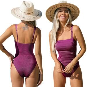 Cupshe Interlocking Shirred Lurex Tummy Control One Piece Swimsuit Pink XL